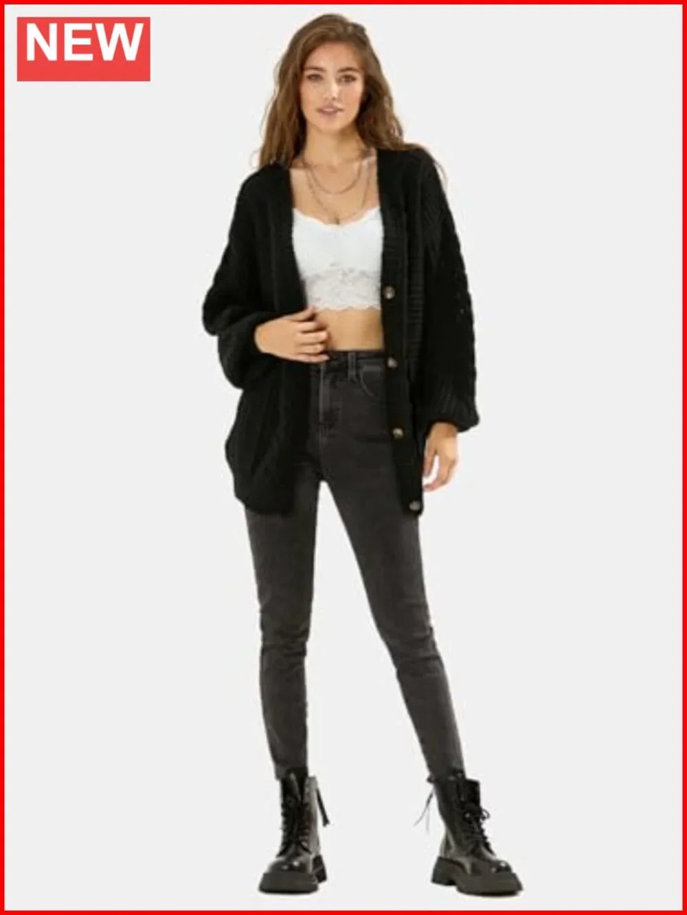 Oversized Cable Knit Cardigan Button Down V-Neck Long Sleeve
